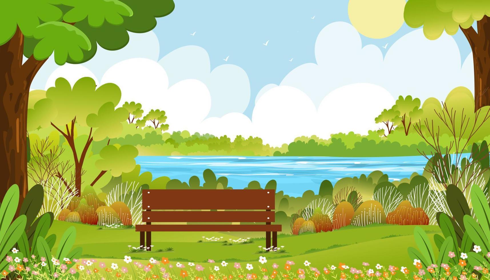 paisaje de primavera maravilloso junto al río con bosque de campo de hierba por la mañana, telón de fondo de pancarta vectorial horario de verano en el parque, parque verde con hierba y flores en flor, lindo fondo natural para niños vector