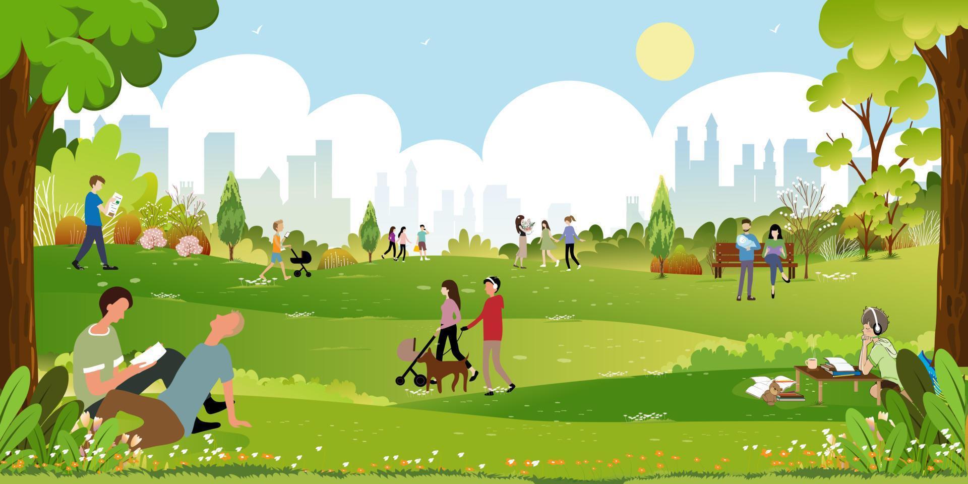 Morning city park with family having fun in the park,boys walking the dog,man talking on phone, women sitting on bench, two guys reading a book under tree,City lifestyle of people in Summer time vector