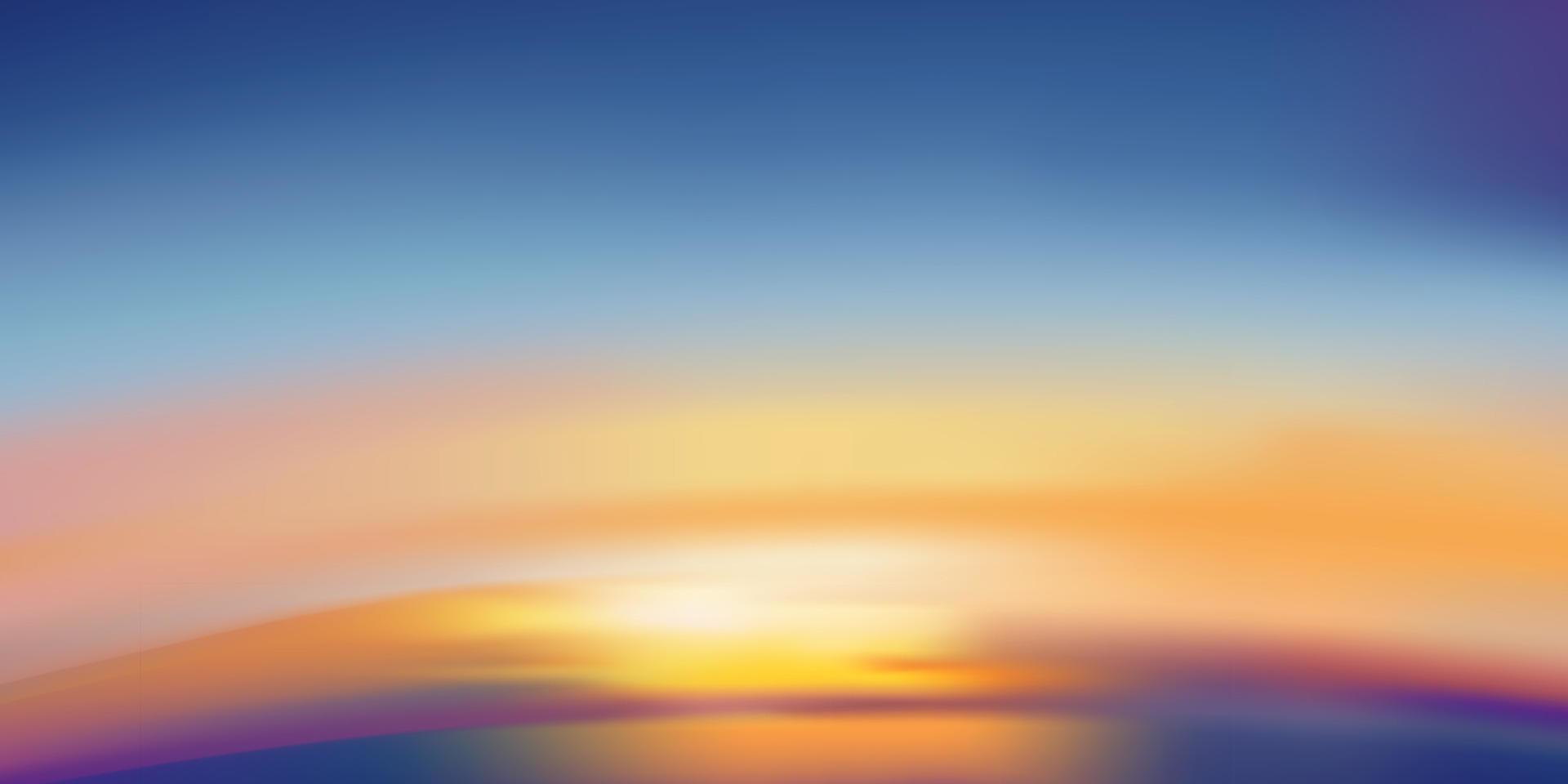 cielo de puesta de sol por la noche con color naranja, amarillo, púrpura, espectacular paisaje crepuscular cielo de pato con color azul, banner de horizonte vectorial amanecer romántico para el fondo de primavera o verano, panorama natural vector