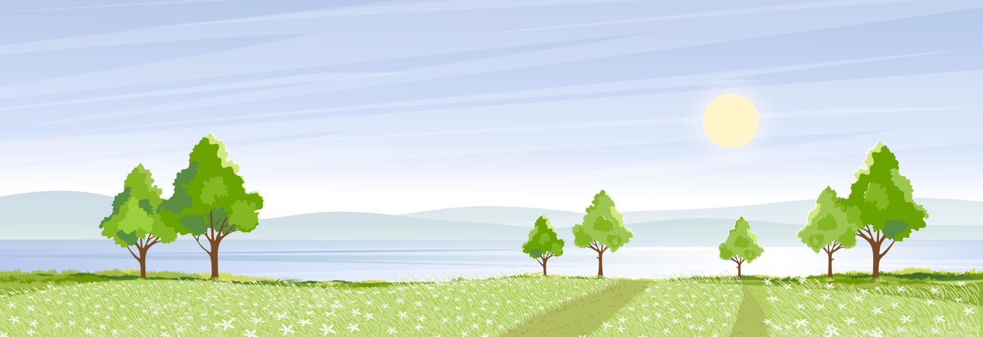 Spring landscape at village by the lake with green fields,mountain, blue sky and clouds, Vector nature cartoon scenery Summertime,Panoramic rural countryside by river with clear sky in morning