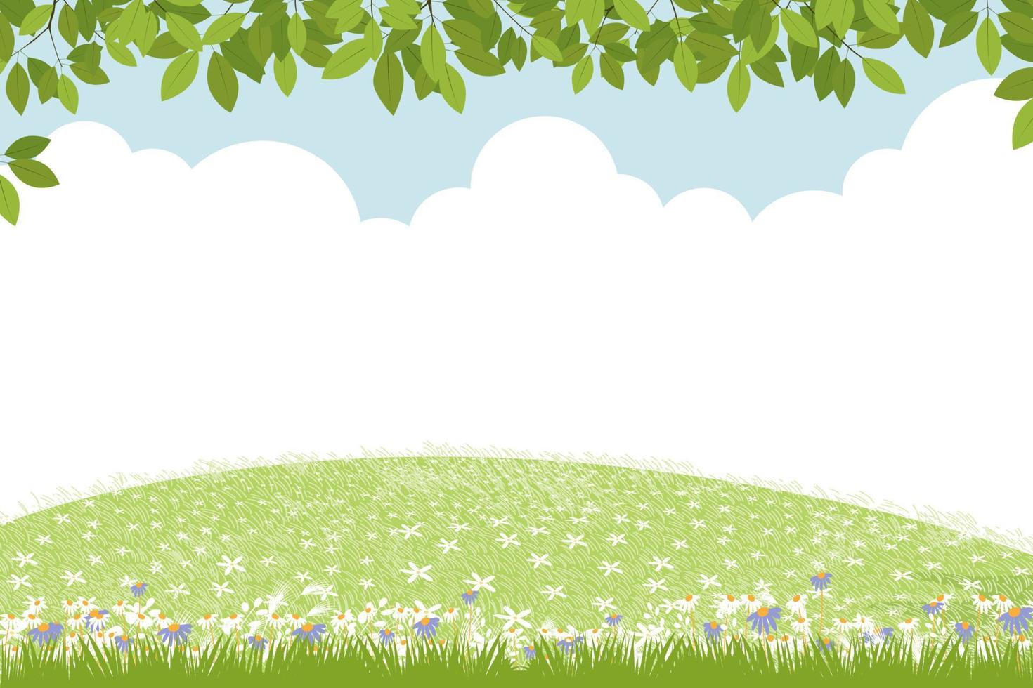 fondo de primavera con paisaje de campo de hierba rural, borde de hojas verdes sobre fondo de cielo azul, caricatura vectorial linda para pascua con espacio de copia cielo y nube, banner de fondo para hola primavera, verano vector