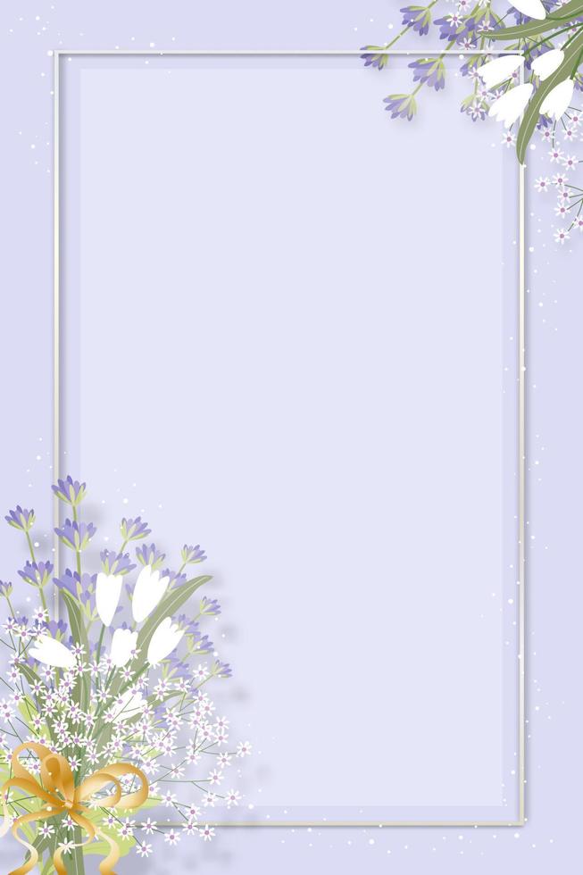 Spring background with lilac lavender, white tulip flower bouquet on purple wall background,Vector illustration invitation card flora,Vertical backdrop for Holiday banner on Springtime, Summer Sale vector