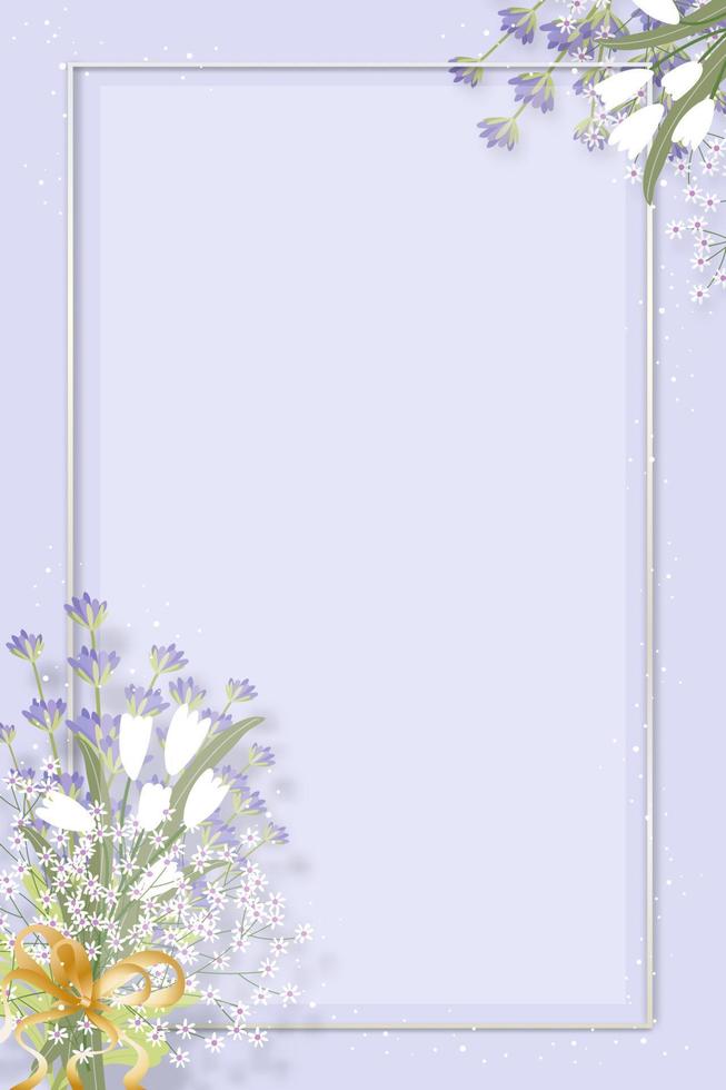 fondo de primavera con lavanda lila, ramo de flores de tulipán blanco sobre fondo de pared púrpura, flora de tarjeta de invitación de ilustración vectorial, telón de fondo vertical para banner de vacaciones en primavera, venta de verano vector