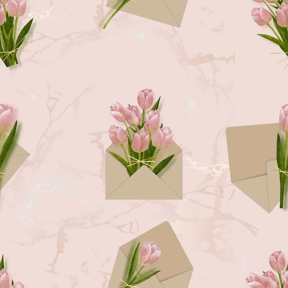 Seamless Pink Tulips bouquet inside the envelope on peach marble background.Watercolour hand paint endless pattern beautiful spring flower,Vector illustration flora blossom for Fabric,Wallpaper, Print vector