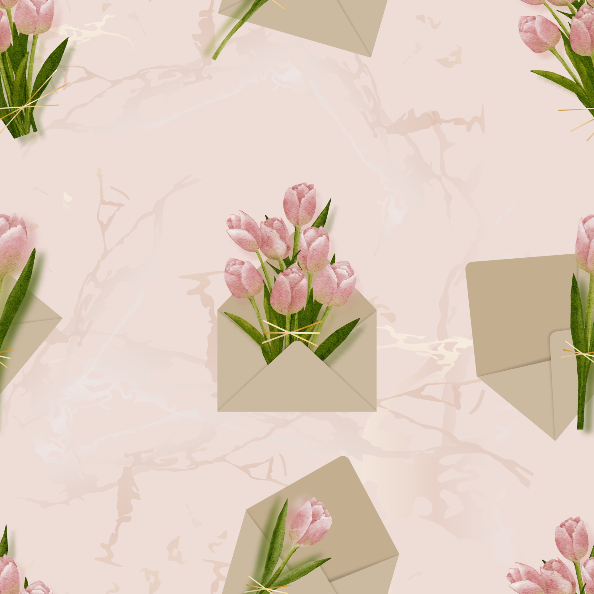 Seamless Pink Tulips bouquet inside the envelope on peach marble
