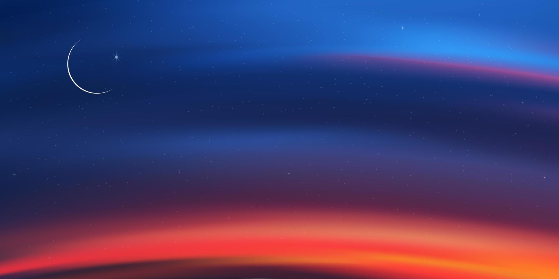 puesta de sol con cielo naranja, amarillo, rosa, violeta, azul, espectacular paisaje crepuscular con puesta de sol por la noche, horizonte vectorial cielo romántico estandarte del amanecer o la luz del sol durante las cuatro estaciones de fondo vector