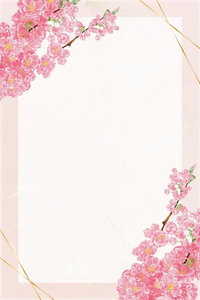 pintura de mano de color de agua de flor de cerezo con fondo dorado de mármol de melocotón, flor de primavera vectorial, sakura rosa de ilustración con espacio de copia para texto para invitación de boda, día de la madre, día de San Valentín vector