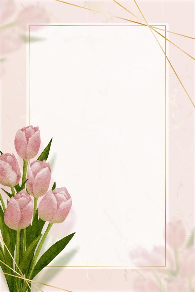 tulipanes color agua pintura a mano con marco dorado sobre fondo de mármol, flor de primavera vectorial, ilustración hermoso ramo rosa flora con espacio de copia para invitación de boda, día de la madre, día de San Valentín vector