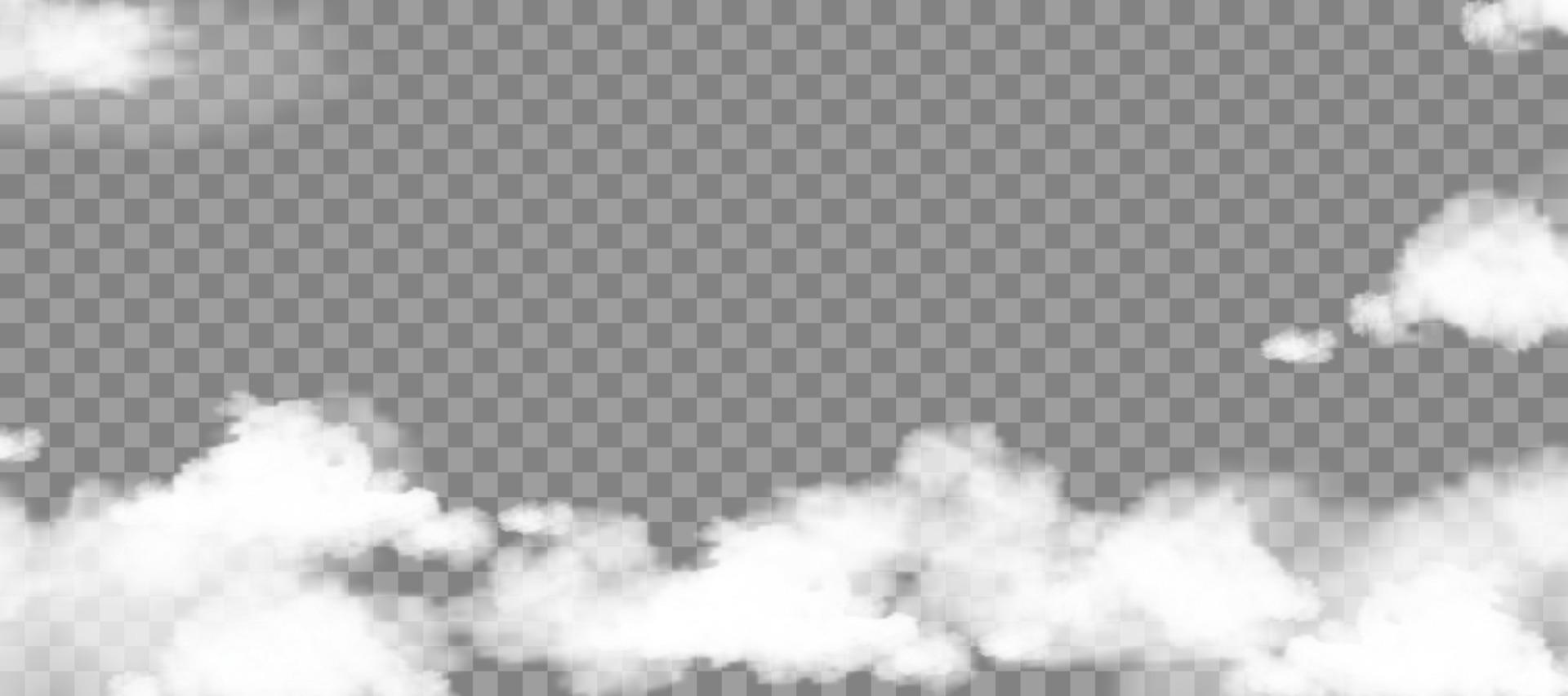 cielo de nubes blancas y esponjosas aislado en un fondo transparente para la decoración de la plantilla de fondo o la cobertura de banners web, elementos de ilustración vectorial del paisaje nuboso natural suave de humo o tormenta de truenos vector