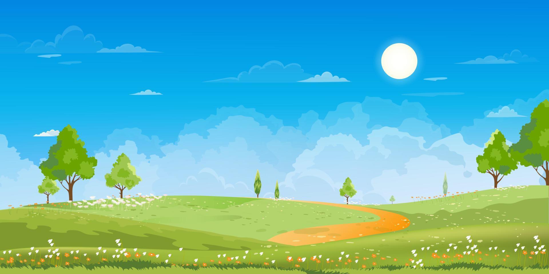 tiempo de primavera, paisaje de verano de día soleado en el pueblo con campo verde, fondo de nubes y cielo azul. campo rural con montaña, pastizales, luz del sol en la mañana, fondo de dibujos animados de paisaje de naturaleza vectorial vector