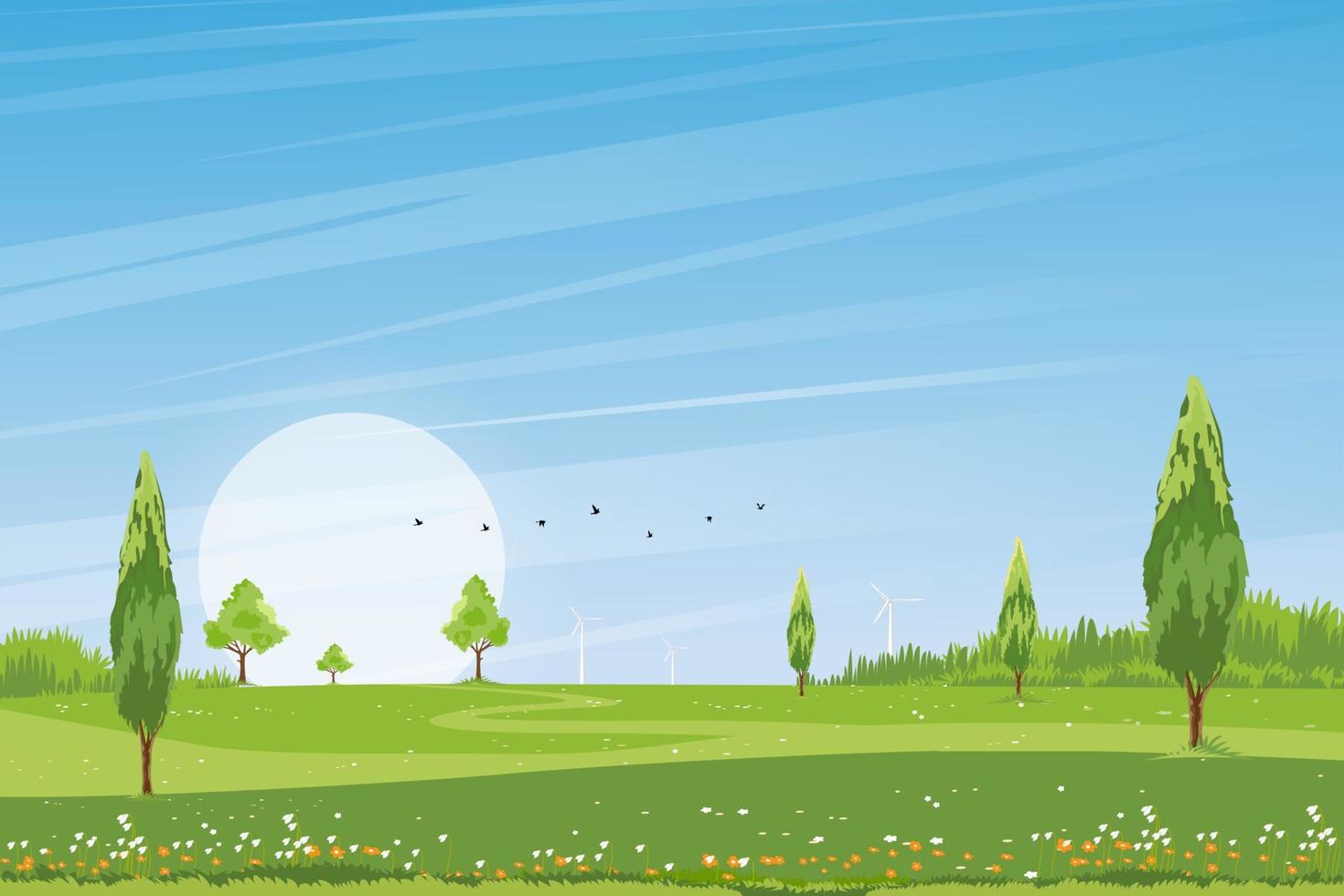 tiempo de primavera, paisaje de verano de día soleado en el pueblo con campo verde, fondo de nubes y cielo azul. campo rural con montaña, pastizales, luz del sol en la mañana, fondo de dibujos animados de paisaje de naturaleza vectorial vector