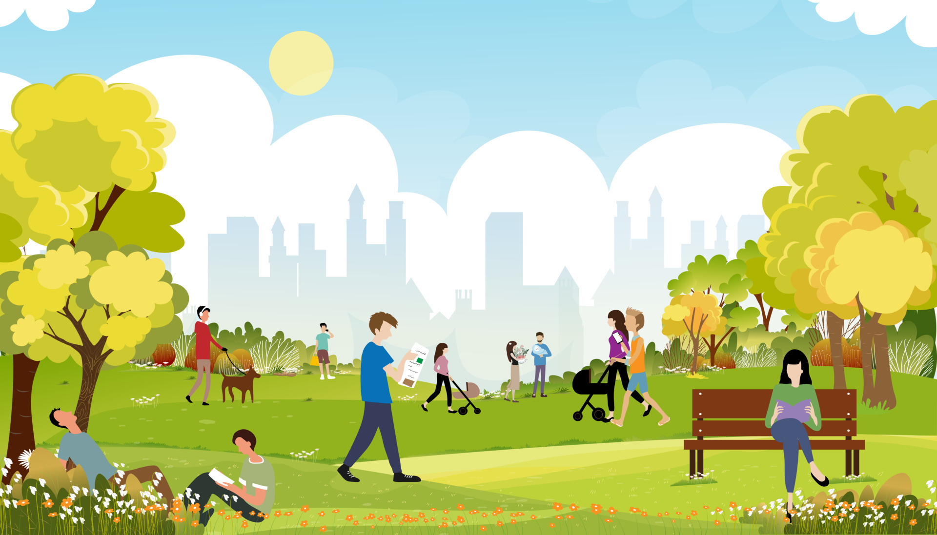 Two Cartoon People Walking Morning City Park With Family Having Fun In The Park Boys Walking The Dog Man Talking On Phone Women Sitting On Bench Two Guys Reading A Book Under Tree City Lifestyle Of People In Summer Time Vector