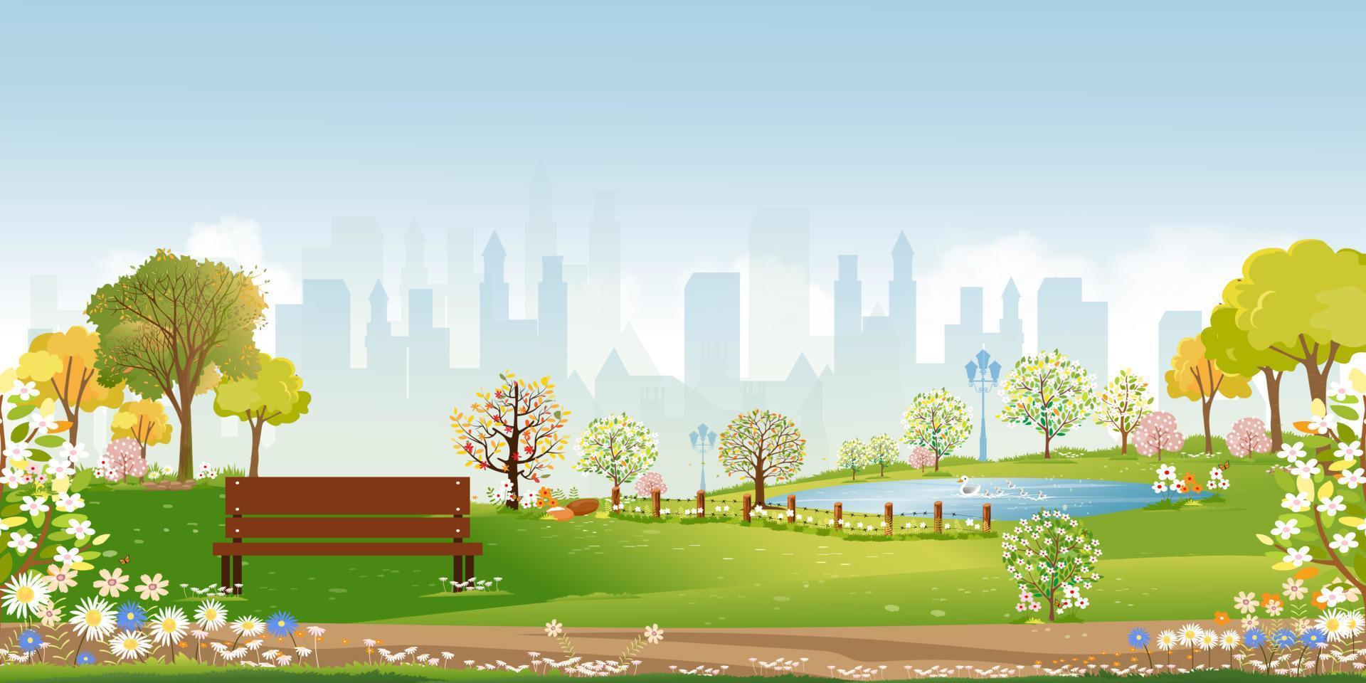 Spring landscape at city park in the morning, Natural public park with flowers blooming in the garden, Peaceful scene of green fields with blurry cityscape building, cloudy and sun on summer vector