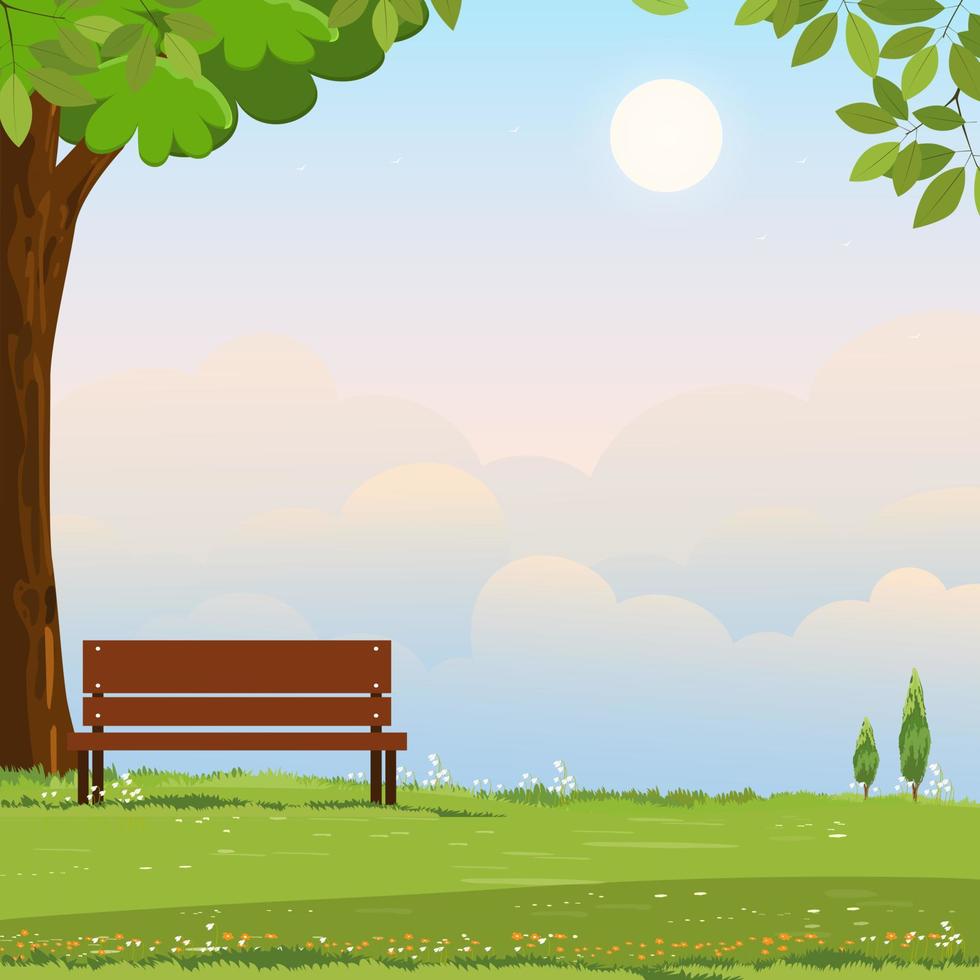 Spring background rural landscape, wooden bench on green grass field with cloud and blue sky in morning, Vector cartoon nature scenery Summertime in countryside with orange clear sky in evening