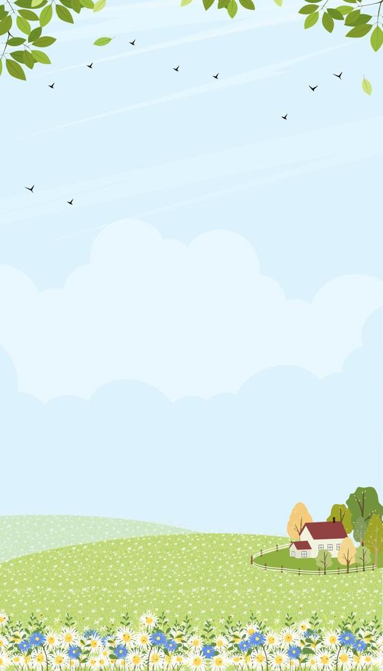 campo de primavera con casa de campo y nubes en el cielo azul, lindo paisaje rural de dibujos animados hierba verde con abejas volando sobre flores en verano soleado, banner de fondo vectorial vertical para pantalla web o móvil vector