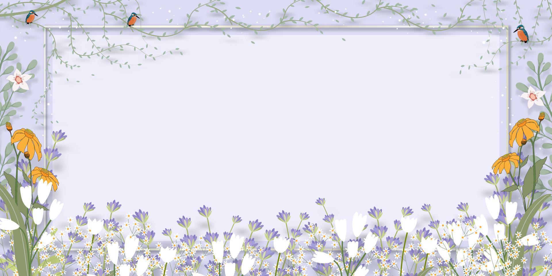 fondo de primavera con borde de flor de lavanda violeta sobre fondo de pared púrpura, fondo horizontal de ilustración vectorial de marco de flora floreciente con pájaro, banner de vacaciones para la venta de primavera o verano vector