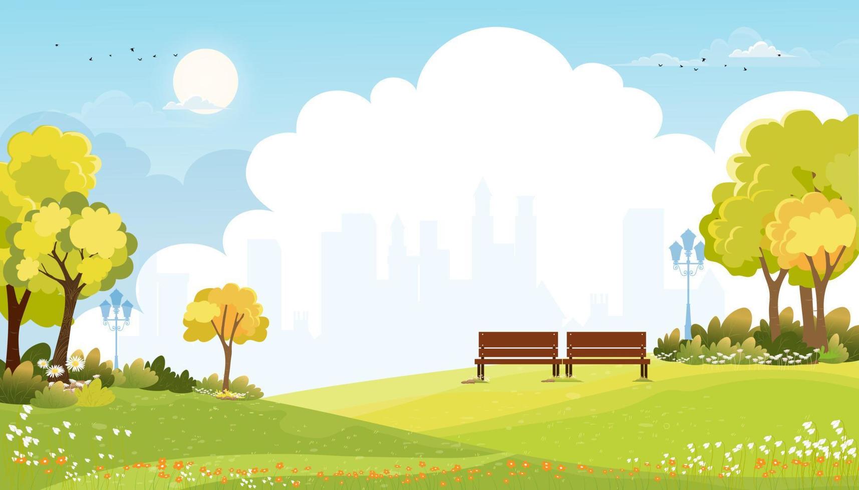 Spring landscape at city park in the morning, Natural public park with flowers blooming in the garden, Peaceful scene of green fields with blurry cityscape building, cloudy and sun on summer vector