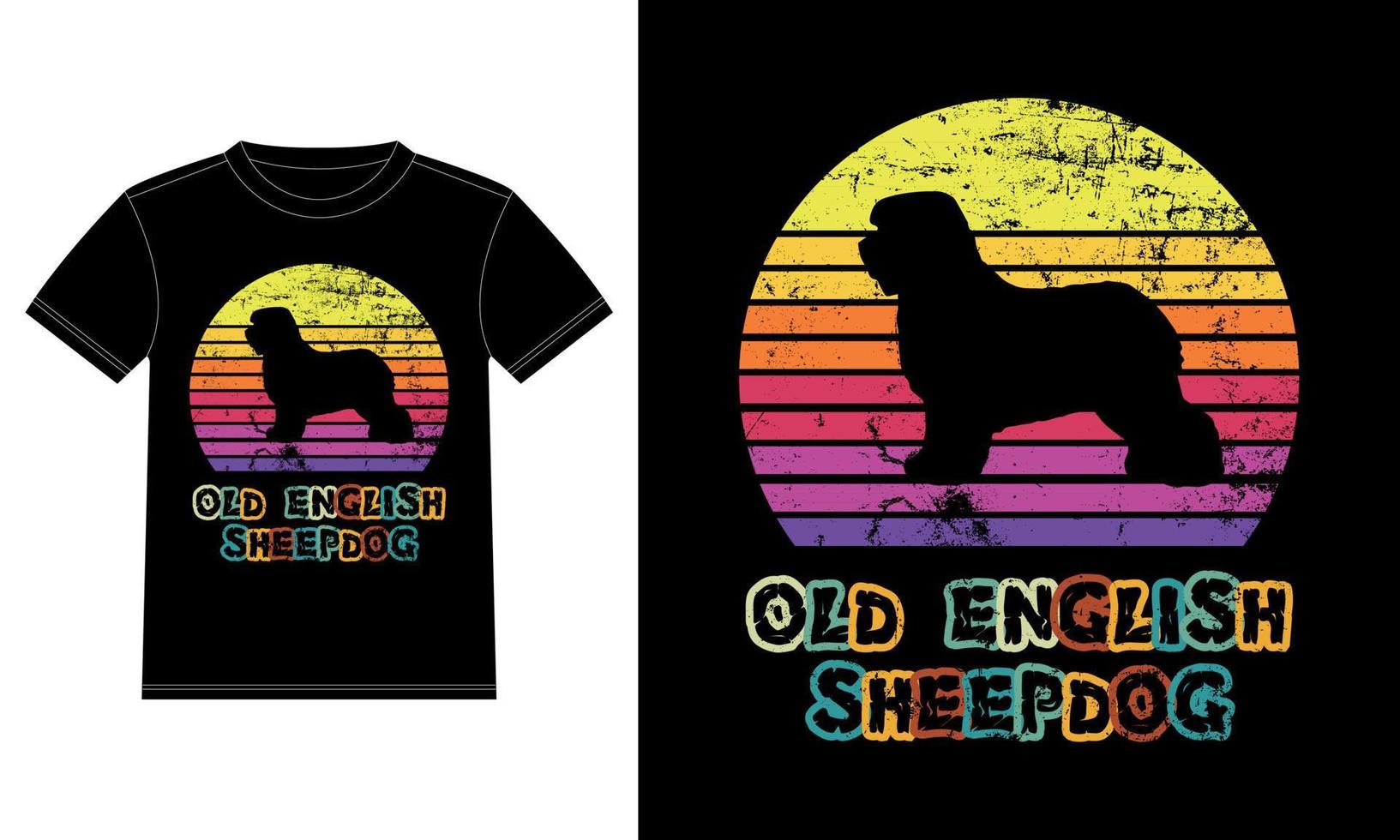 gracioso viejo perro pastor inglés vintage retro puesta de sol silueta regalos amante de los perros dueño del perro camiseta esencial vector