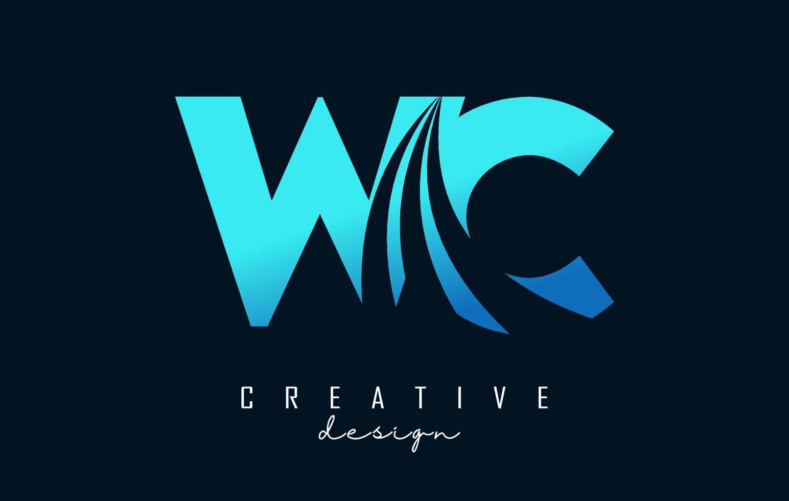 letras azules creativas wc wc logo con líneas principales y diseño de concepto de carretera. letras con diseño geométrico. vector