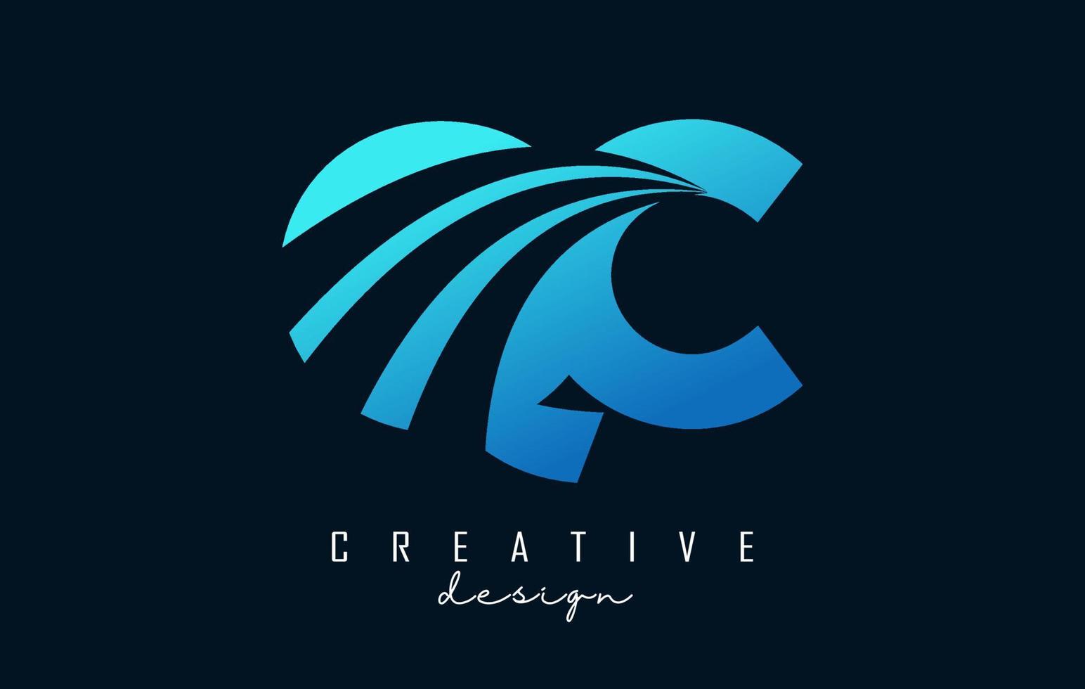 Creative blue letters QC q c logo with leading lines and road concept design. Letters with geometric design. vector