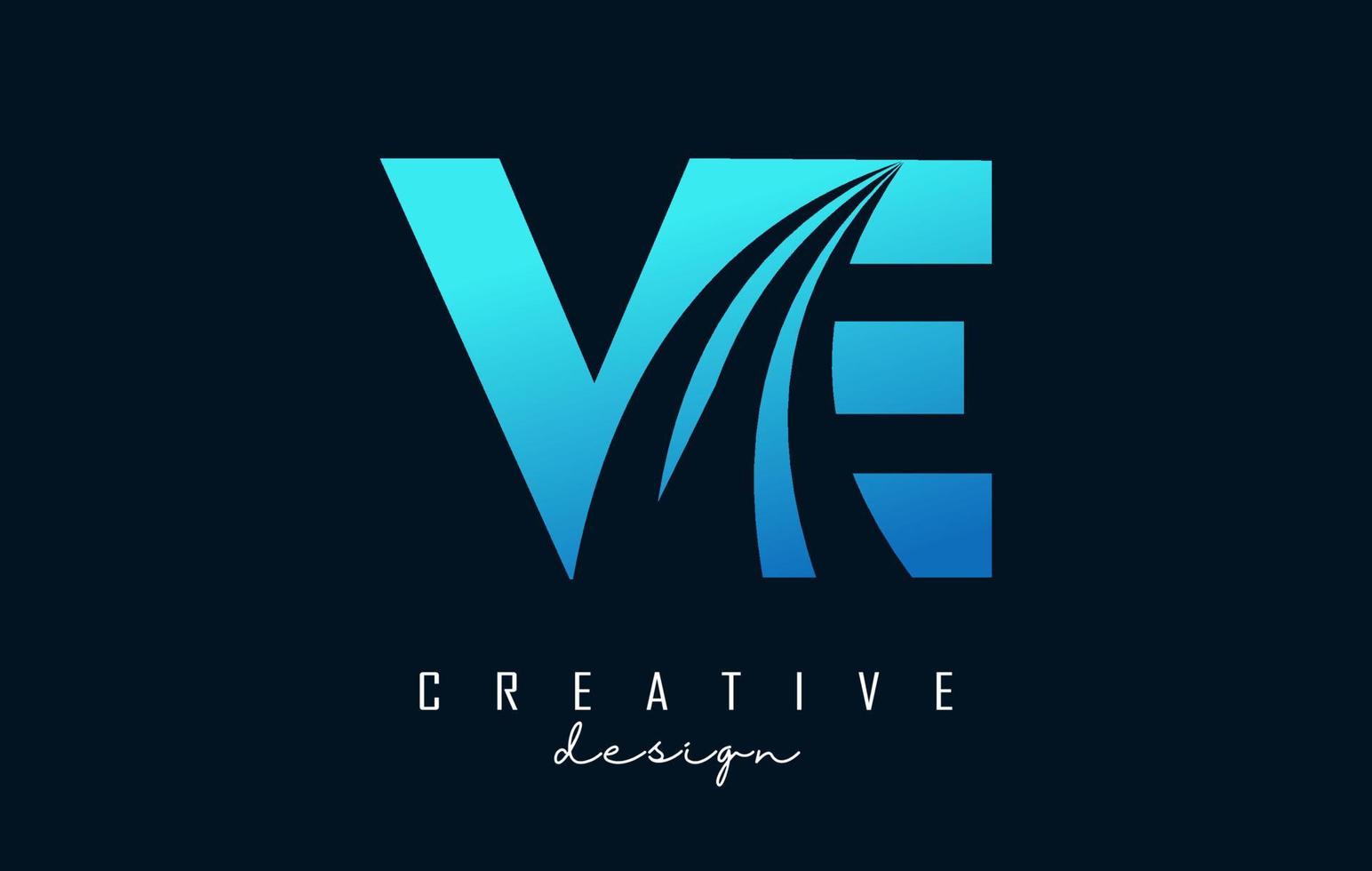letras azules creativas ve ve logo con líneas principales y diseño de concepto de carretera. letras con diseño geométrico. vector