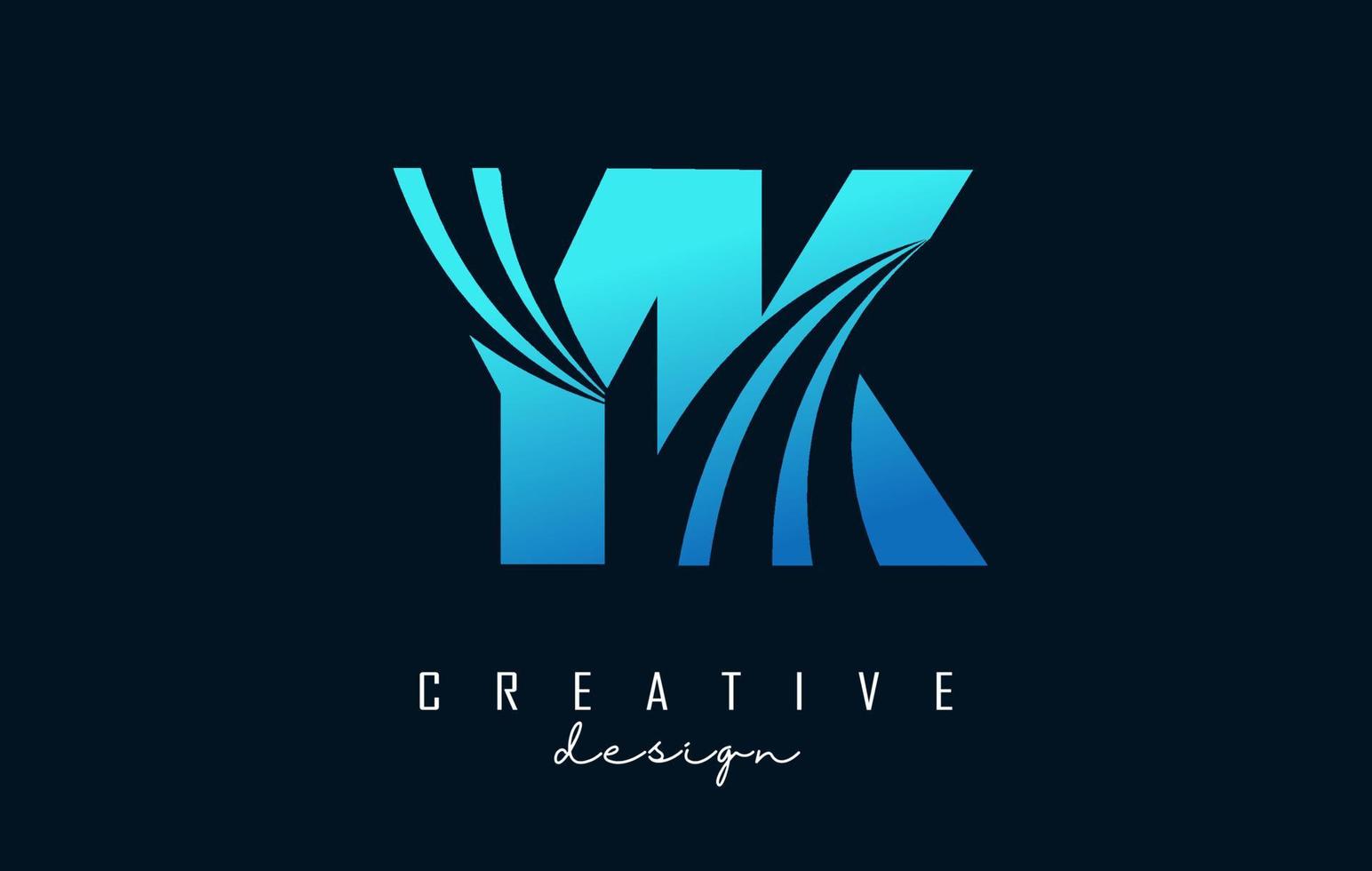 logotipo de letras azules creativas yk yk con líneas principales y diseño de concepto de carretera. letras con diseño geométrico. vector