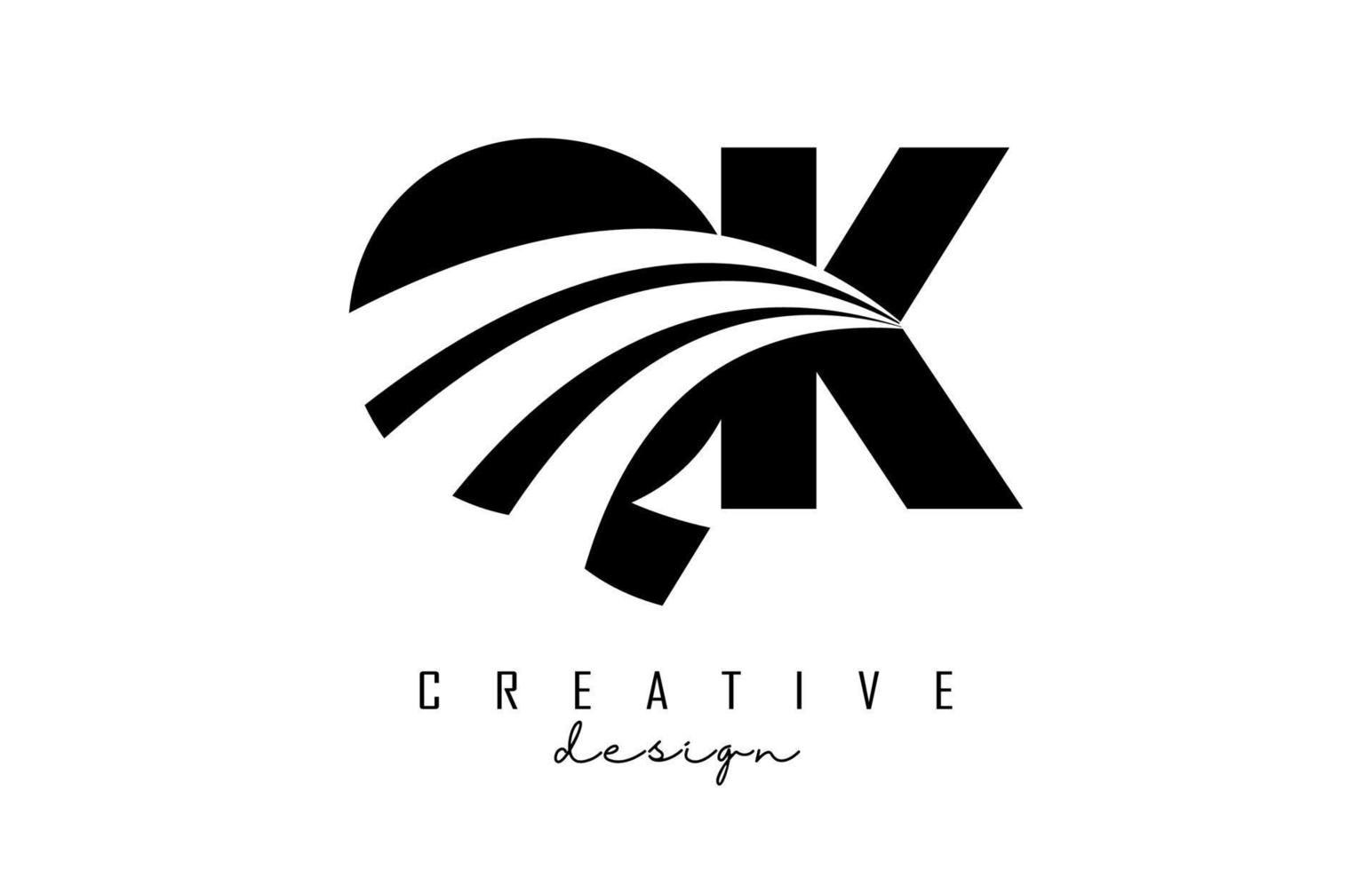 Logotipo creativo de letras negras qk qk con líneas principales y diseño de concepto de carretera. letras con diseño geométrico. vector