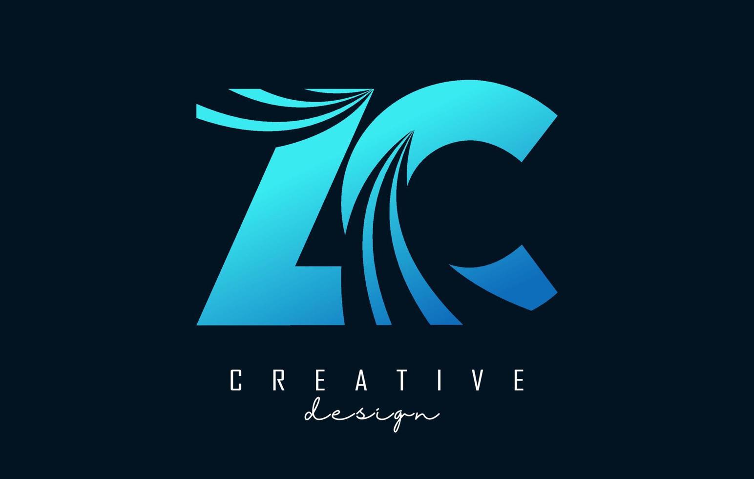 Creative blue letters ZC z c logo with leading lines and road concept design. Letters with geometric design. vector
