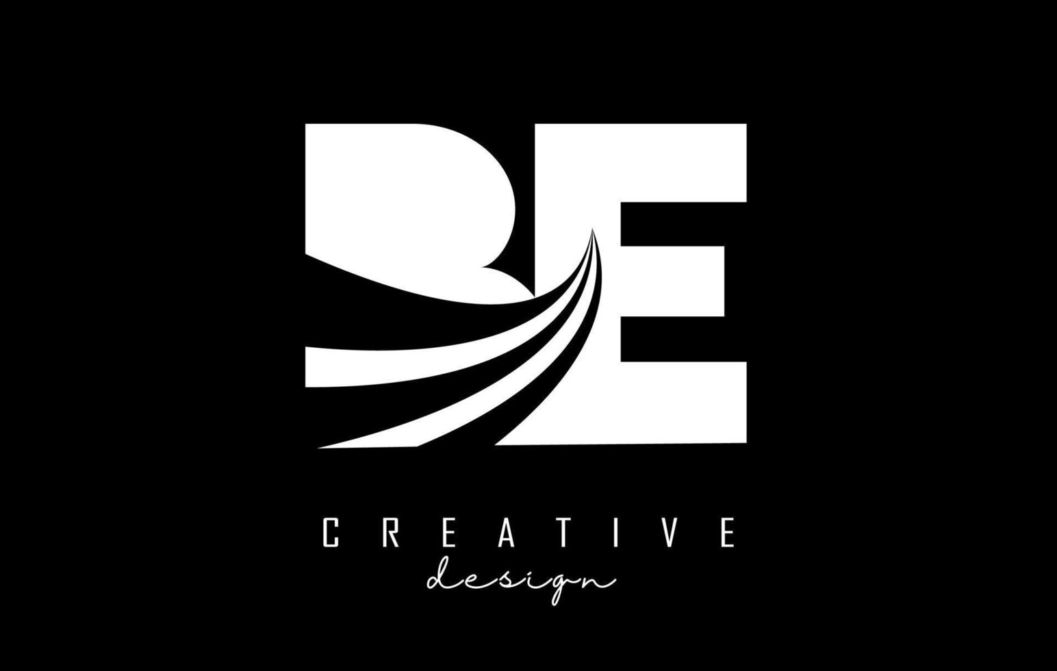 White letters BE b e logo with leading lines and road concept design. Letters with geometric design. vector