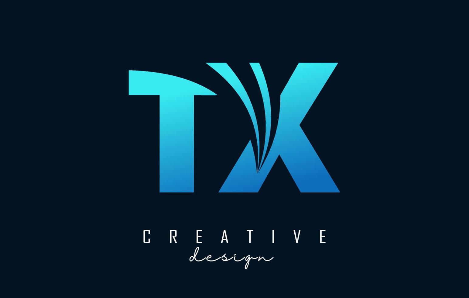 Logotipo creativo de letras azules tx tx con líneas principales y diseño de concepto de carretera. letras con diseño geométrico. vector
