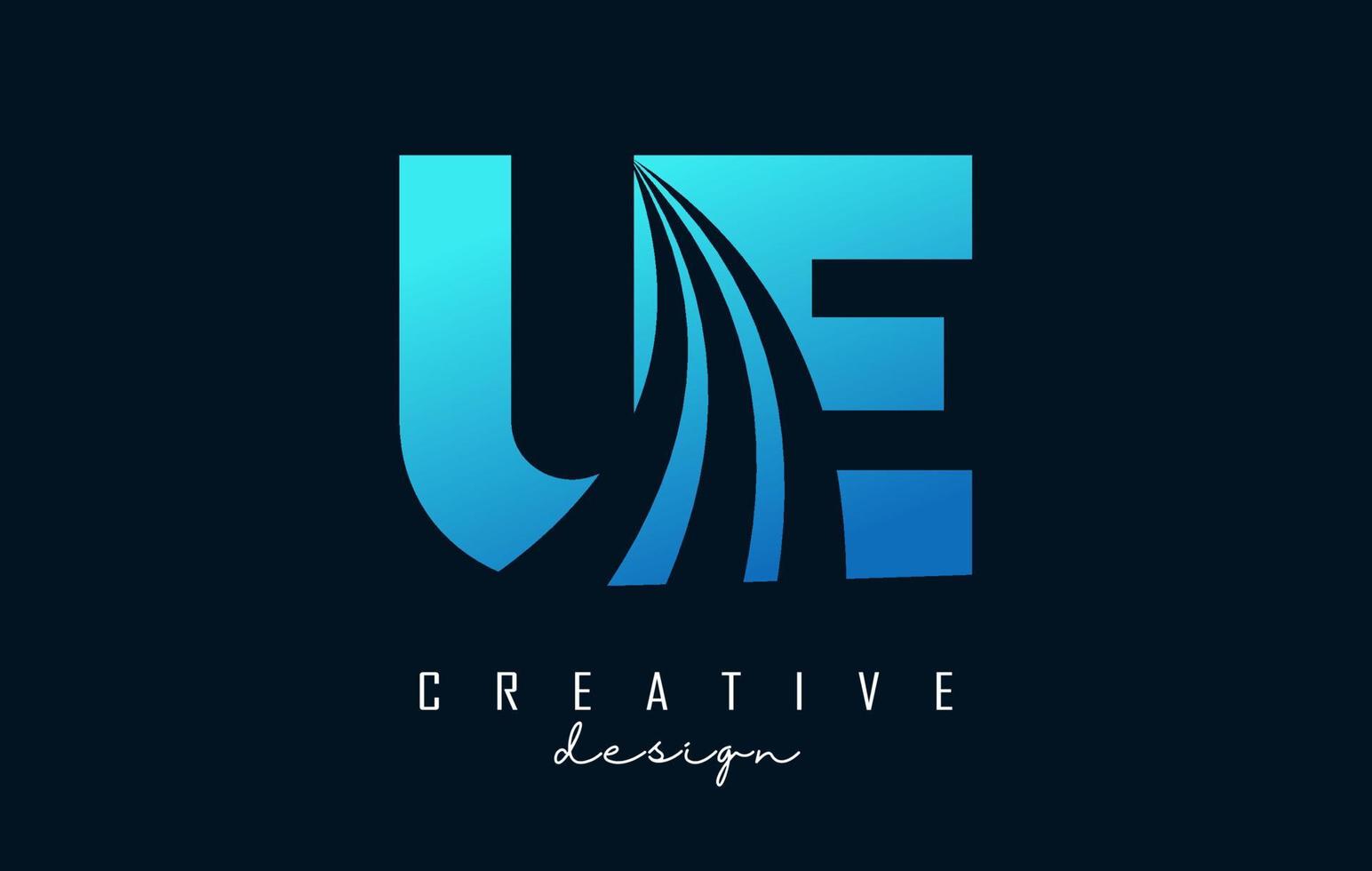 Creative blue letters UE u e logo with leading lines and road concept design. Letters with geometric design. vector