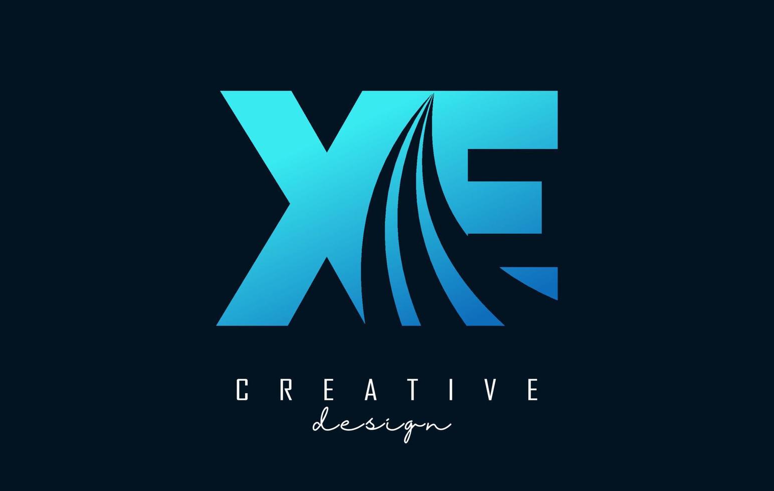 Creative blue letters XE x e logo with leading lines and road concept design. Letters with geometric design. vector