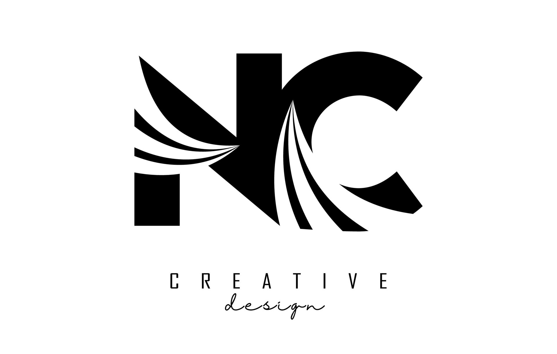 Creative black letters NC n c logo with leading lines and road concept