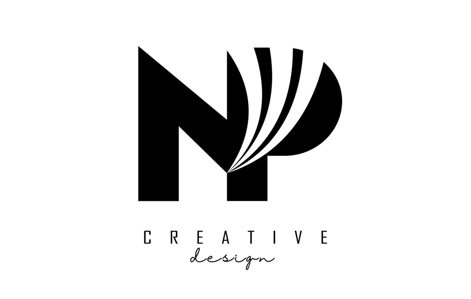 Creative black letters NP n p logo with leading lines and road concept design. Letters with geometric design. vector