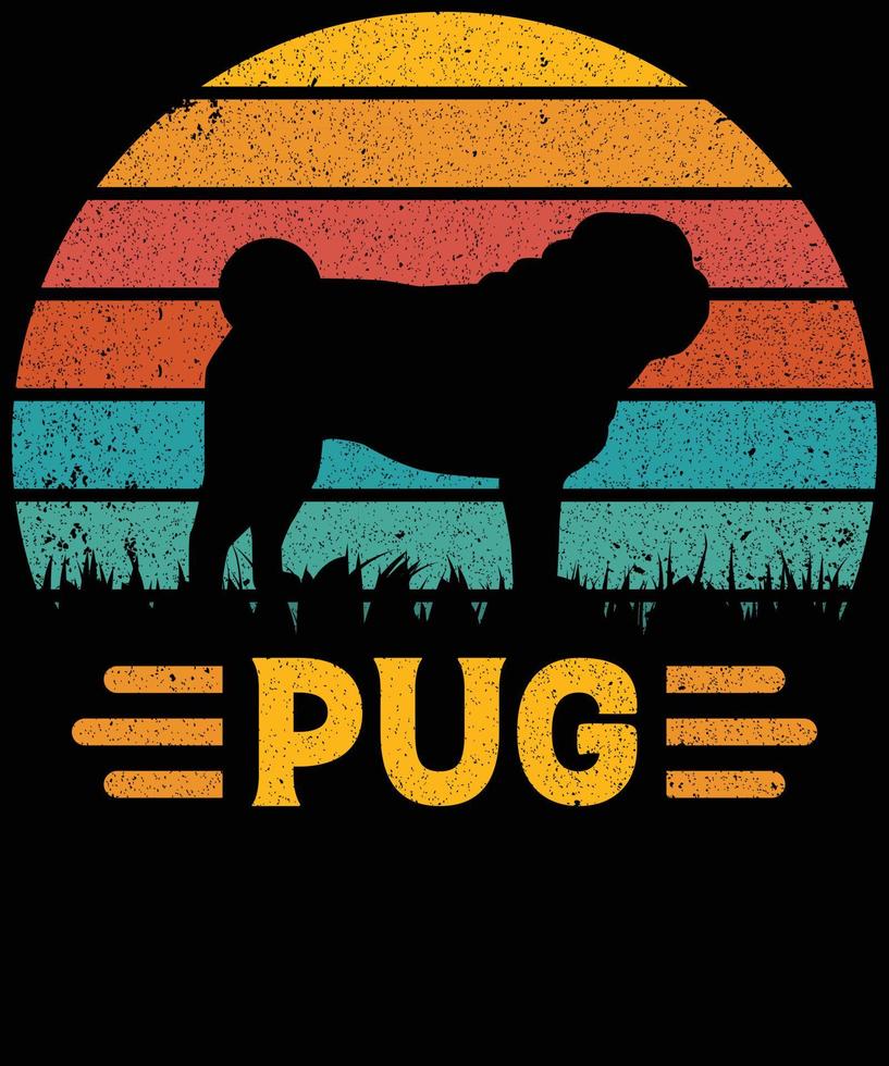 Funny Pug Vintage Retro Sunset Silhouette Gifts Dog Lover Dog Owner Essential T-Shirt vector