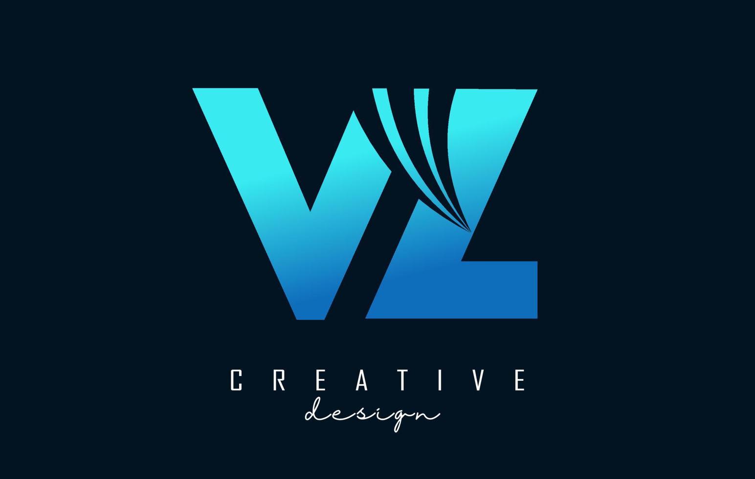 Logotipo de letras azules creativas vz vz con líneas principales y diseño de concepto de carretera. letras con diseño geométrico. vector