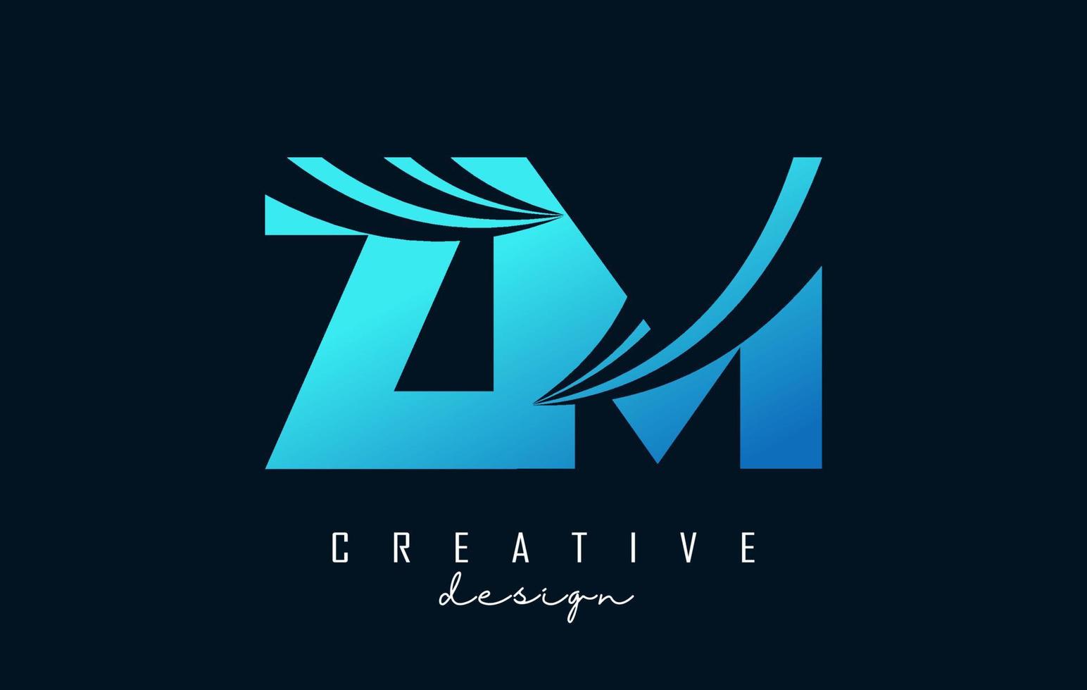 Creative blue letters ZM z m logo with leading lines and road concept design. Letters with geometric design. vector
