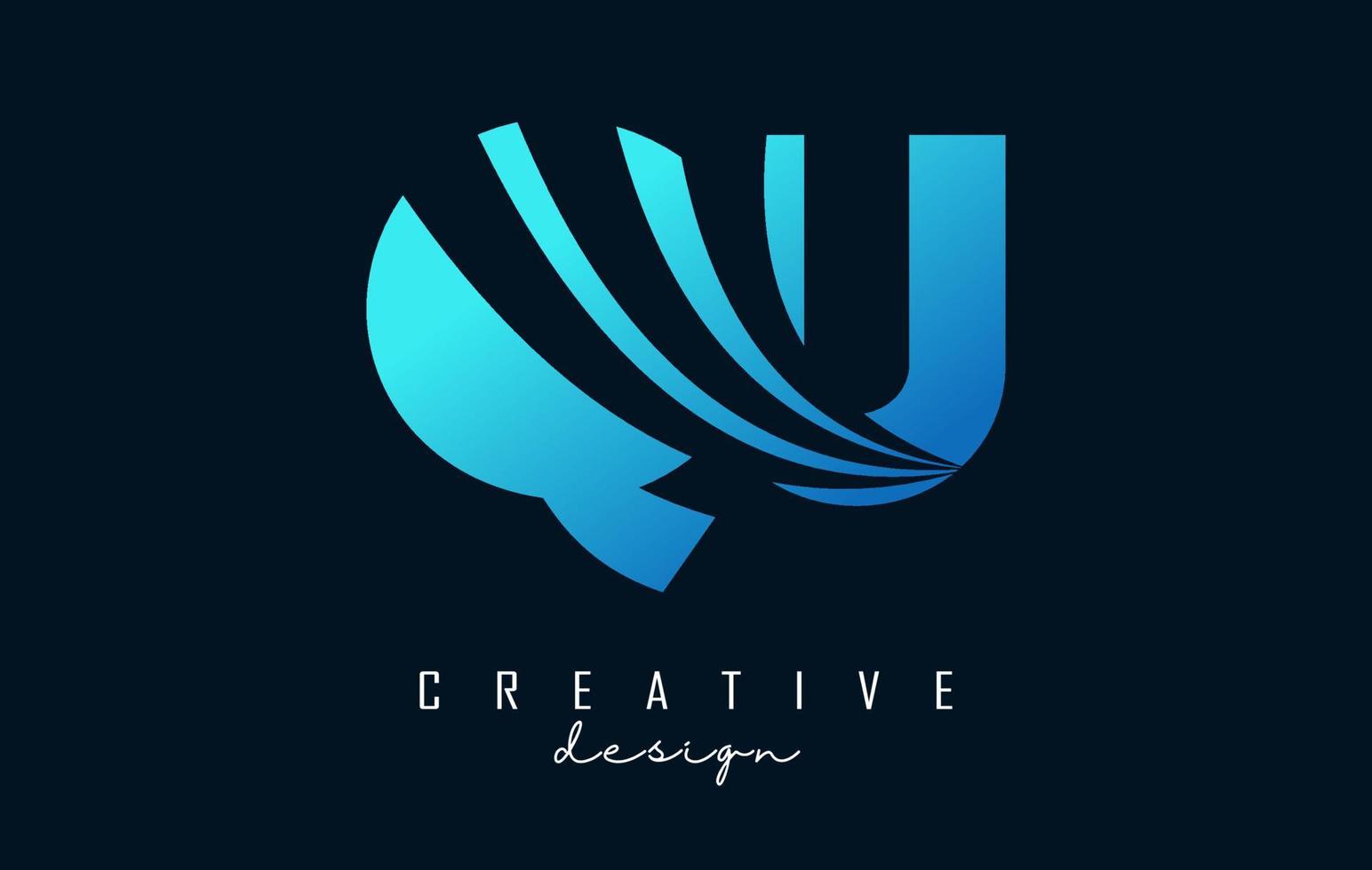 Creative blue letters QU q u logo with leading lines and road concept design. Letters with geometric design. vector