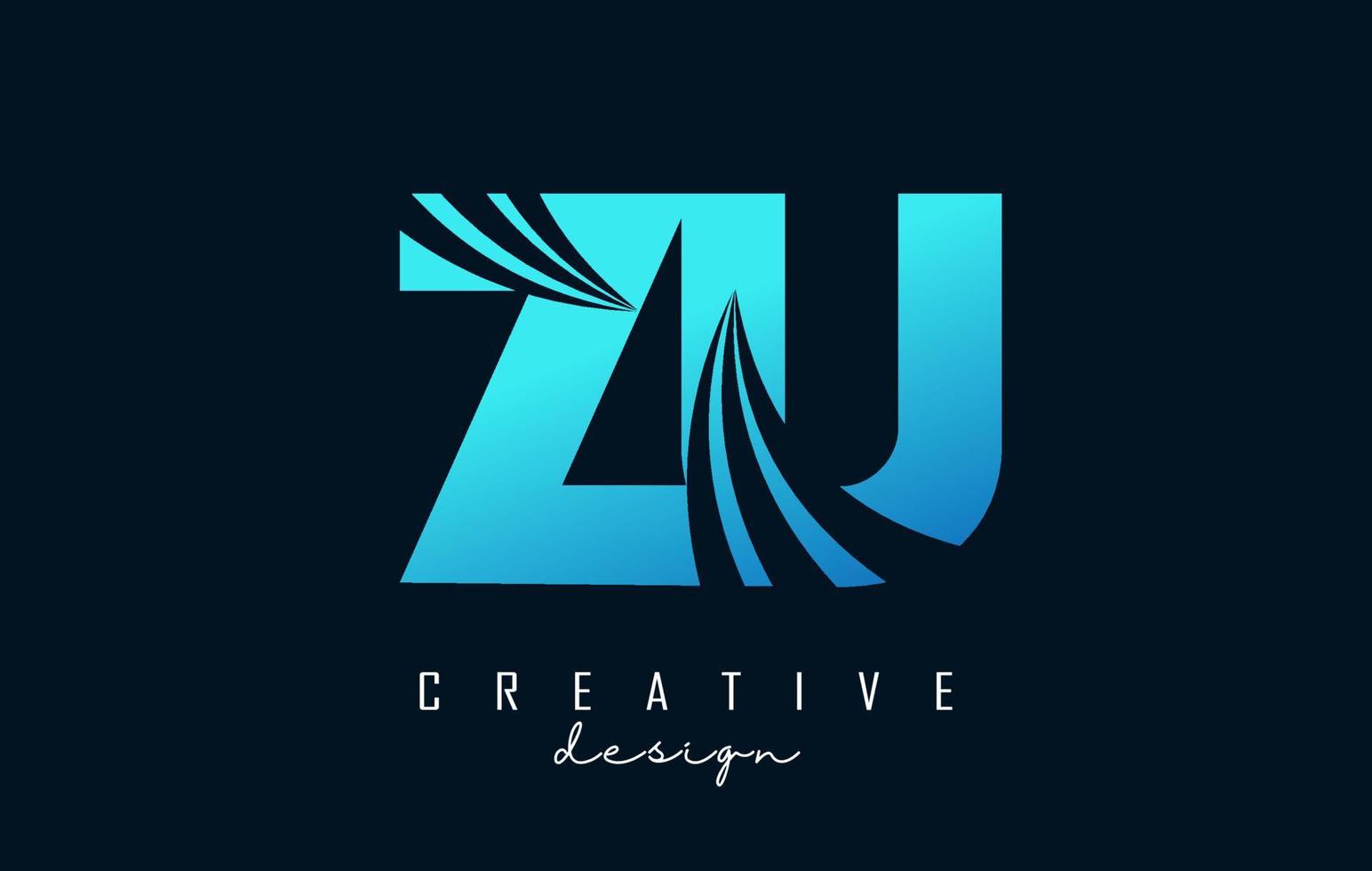 Creative blue letters ZU z u logo with leading lines and road concept design. Letters with geometric design. vector