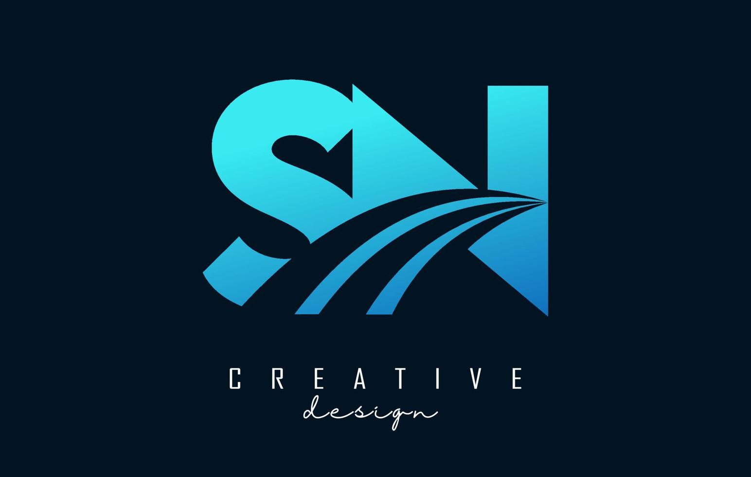 logotipo de letras azules creativas sn sn con líneas principales y diseño de concepto de carretera. letras con diseño geométrico. vector