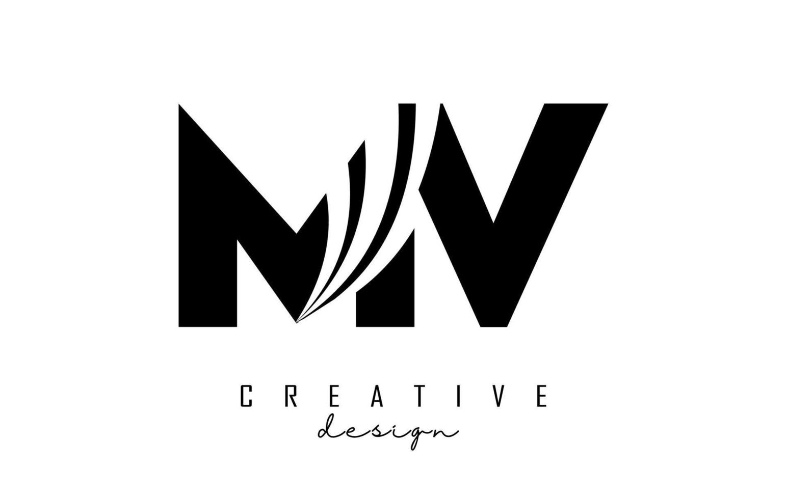 Creative black letters MV m v logo with leading lines and road concept design. Letters with geometric design. vector