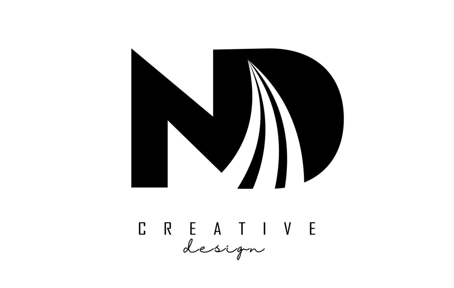 Creative black letters ND n d logo with leading lines and road concept design. Letters with geometric design. vector