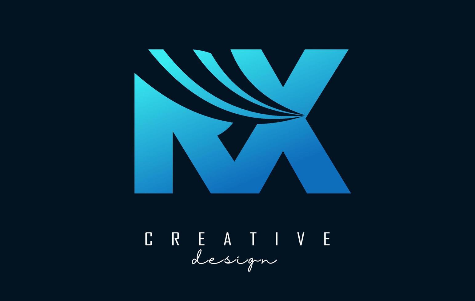 Creative blue letters RX R x logo with leading lines and road concept design. Letters with geometric design. vector