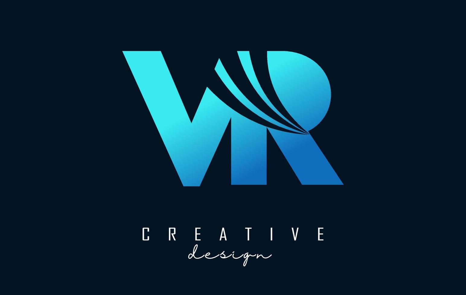 Creative blue letters VR v r logo with leading lines and road concept design. Letters with geometric design. vector