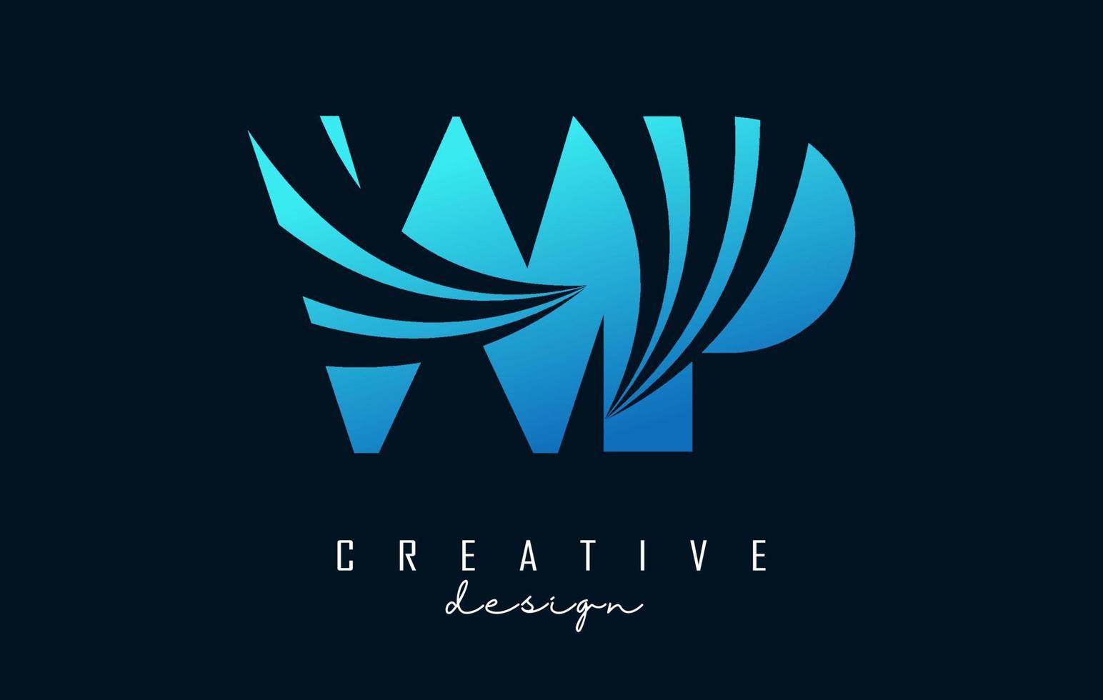 logotipo de letras azules creativas wp wp con líneas principales y diseño de concepto de carretera. letras con diseño geométrico. vector