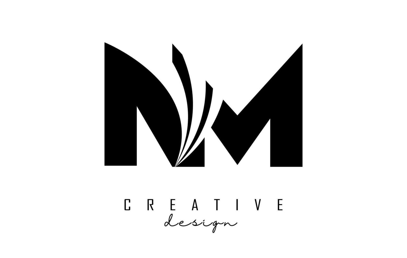 Creative black letters Nm n m logo with leading lines and road concept design. Letters with geometric design. vector