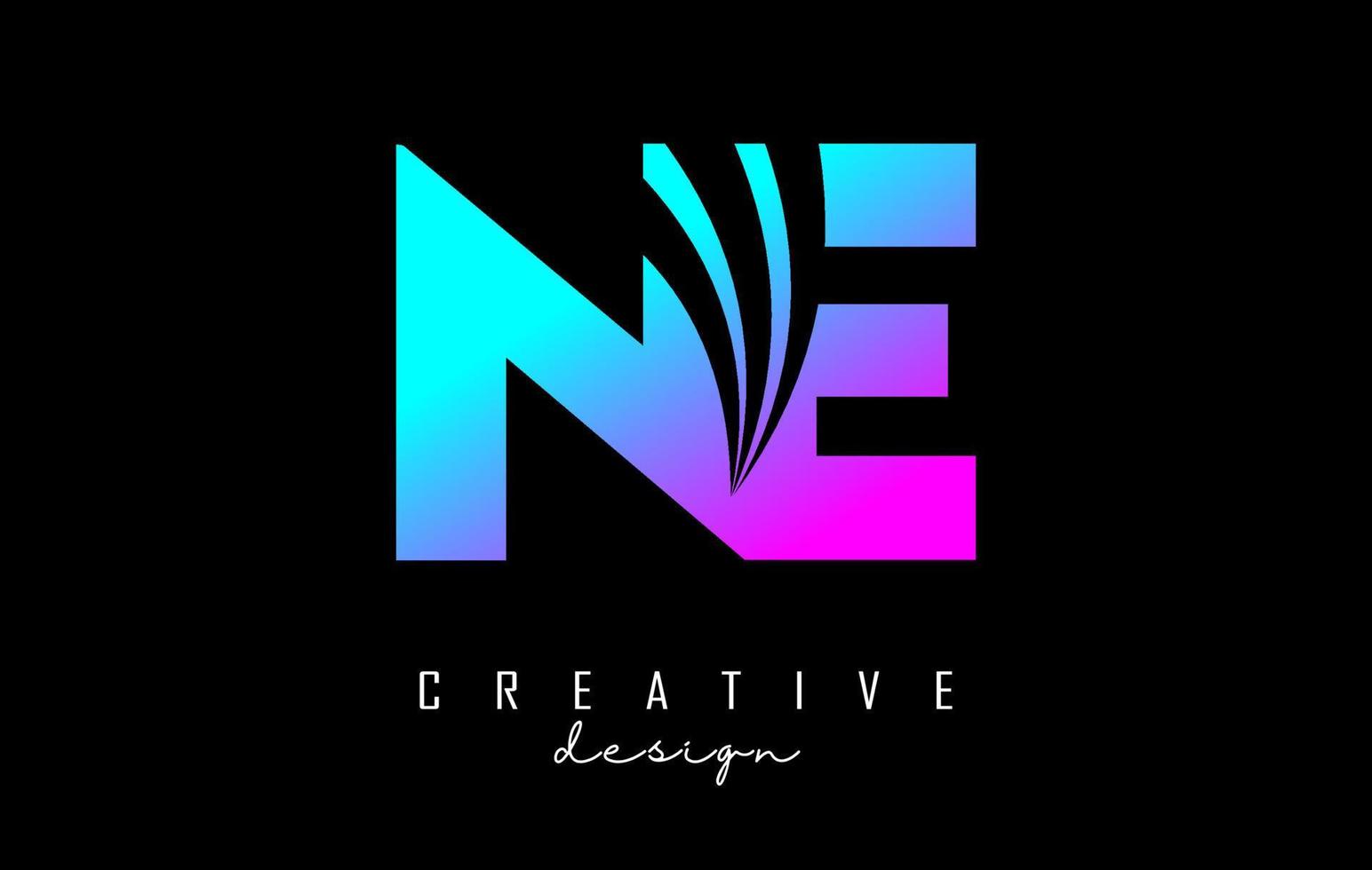 Creative colorful letters NE n e logo with leading lines and road concept design. Letters with geometric design. vector