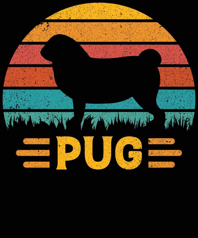 gracioso pug vintage retro puesta de sol silueta regalos amante de los perros dueño del perro camiseta esencial vector