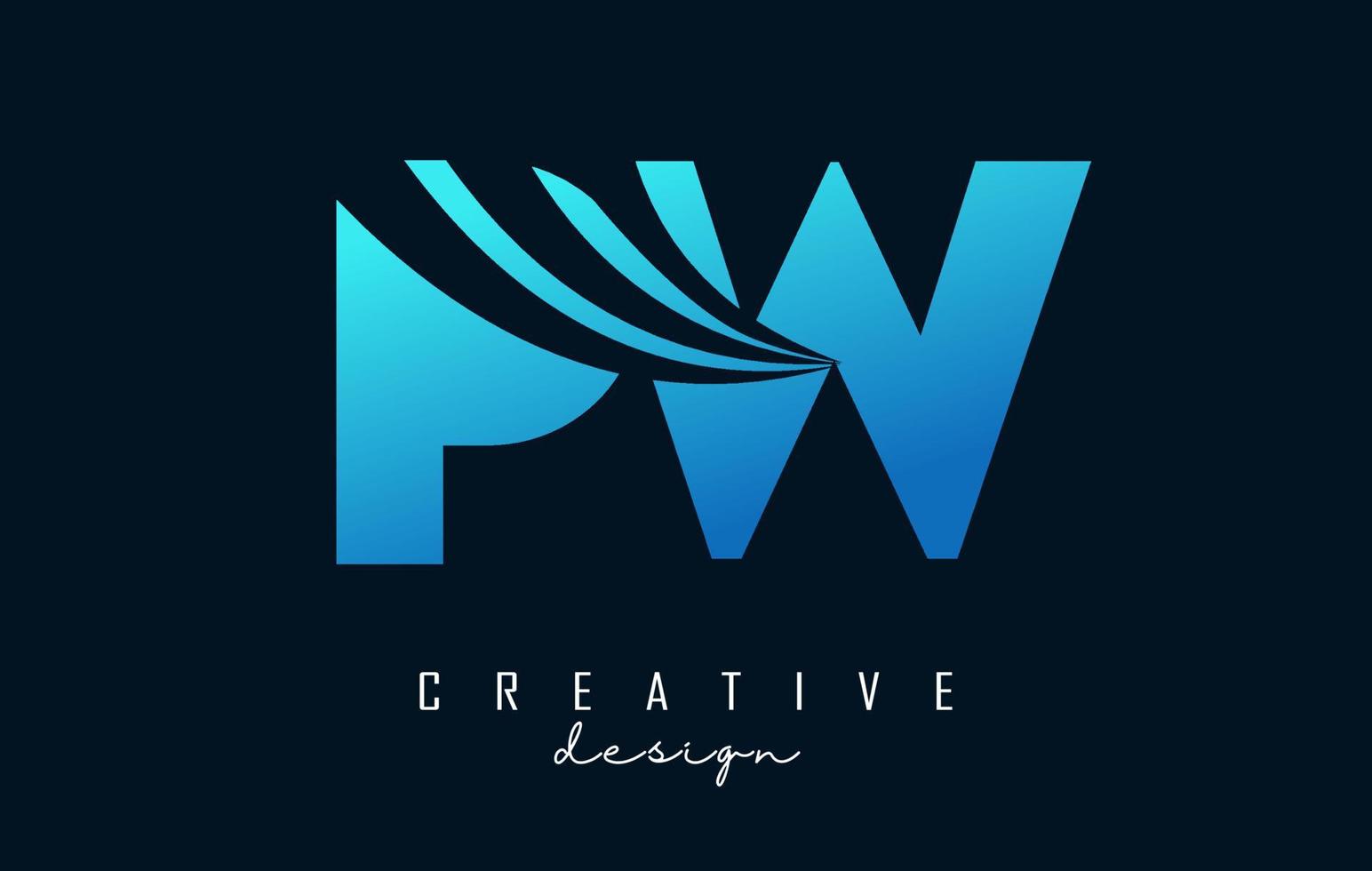 Creative blue letters PW p w logo with leading lines and road concept design. Letters with geometric design. vector