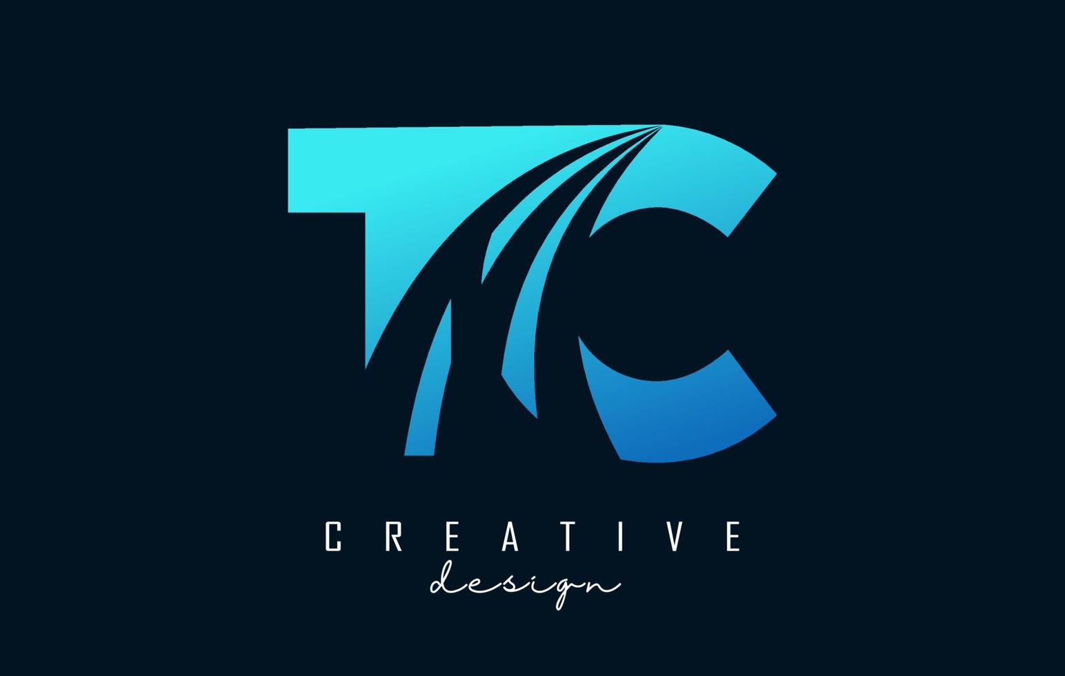 Creative blue letters TC t c logo with leading lines and road concept design. Letters with geometric design. vector